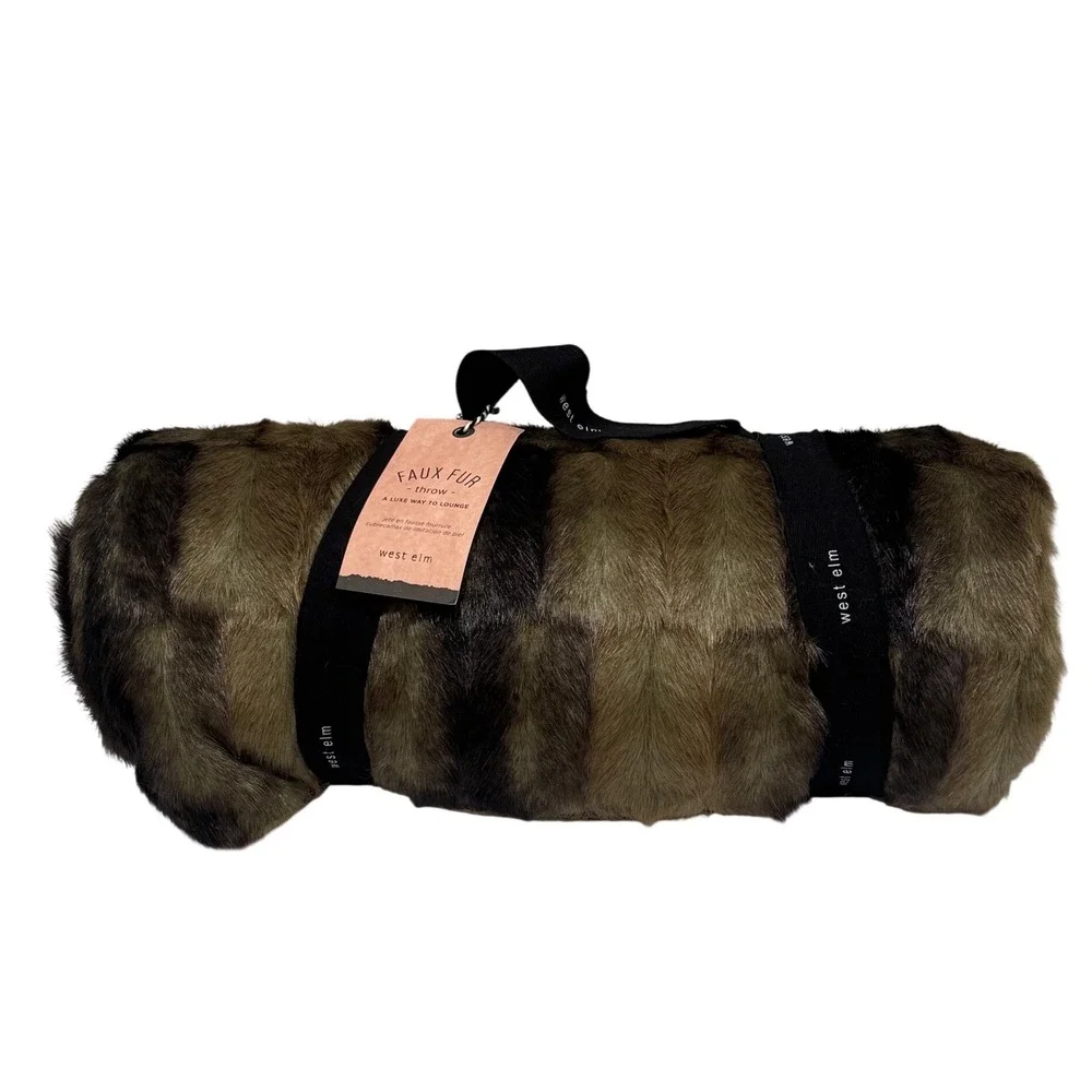 NEW West Elm Faux Fur Throw Blanket 47x60 Brown Offset Stripe Luxury Home Gift